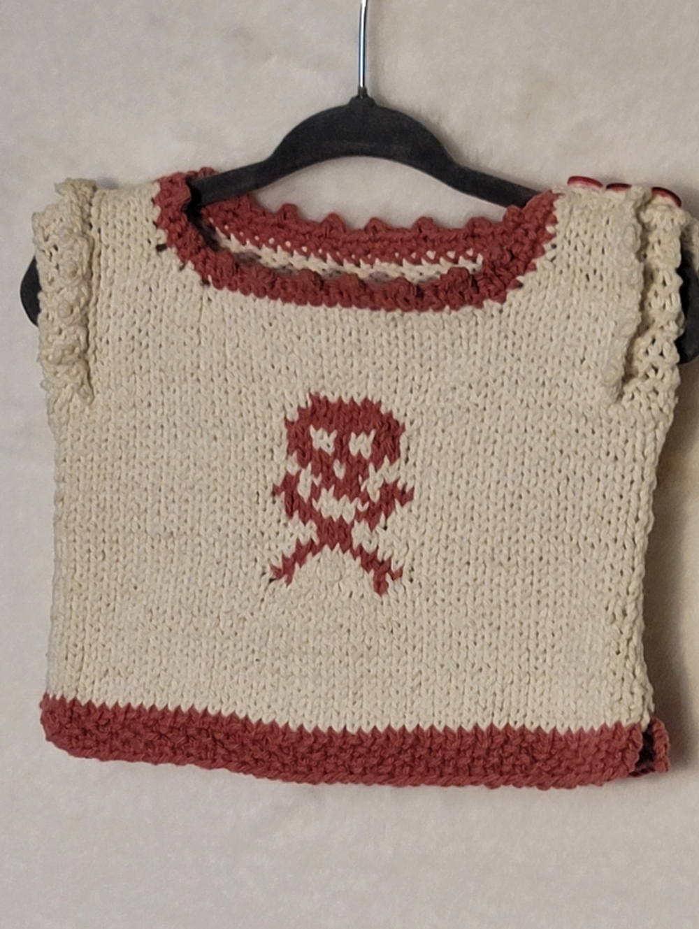 Hand-Knit Cream & Pink Cropped Baby-T with Skull N' Crossbone Motif